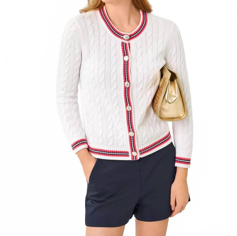 NEW LILLY PULITZER brockton crew neck cardigan in resort white x paradise punch